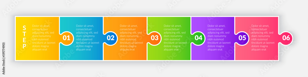 Abstract background with 6 steps in form of colored puzzles, parts, options, processes template. Banner with infographic editions. Business graphic information with marketing icons and design elements Abstract background with 6 steps in form of colored puzzles, parts, options, processes template. Banner with infographic editions. Business graphic information with marketing icons and design elements