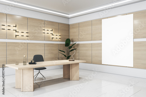 Fototapeta Naklejka Na Ścianę i Meble -  Modern light concrete and wooden office interior with clean white mock up poster, furniture, lamps and decorative items. 3D Rendering.