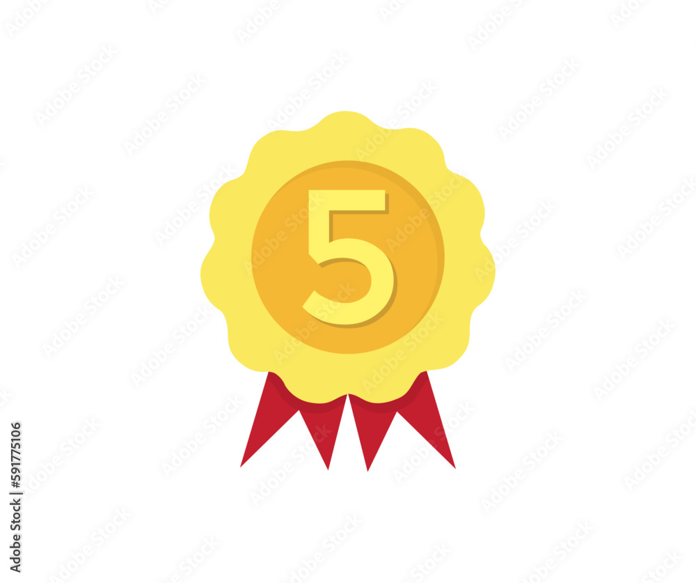 5 or number five on modern golden rosette award logo design. Modern rosette star with shadow and three image clipart seal stamp, 5 icon badge vector design and illustration.
