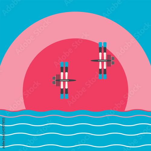Dragonflies flying above the surface of the water. Stylized insects in the form of simple geometric shapes. The concept of a banner, postcard, poster for printing. Sunset or sunrise over the sea.