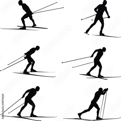 set black silhouette athlete skier cross-country skiing race, winter sports games