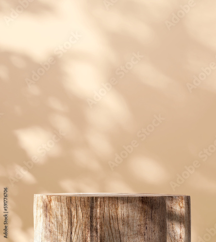 Fototapeta Naklejka Na Ścianę i Meble -  Minimal, natural log wood podium table in dappled sunlight, tropical leaf shadow in blank brown wall for modern luxury beauty, cosmetic, organic, nature, fashion product display background 3D