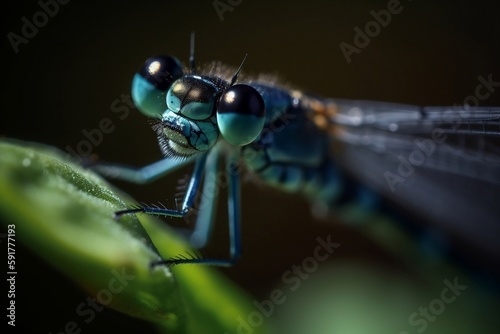 blue dragonfly on a leaf © Roland