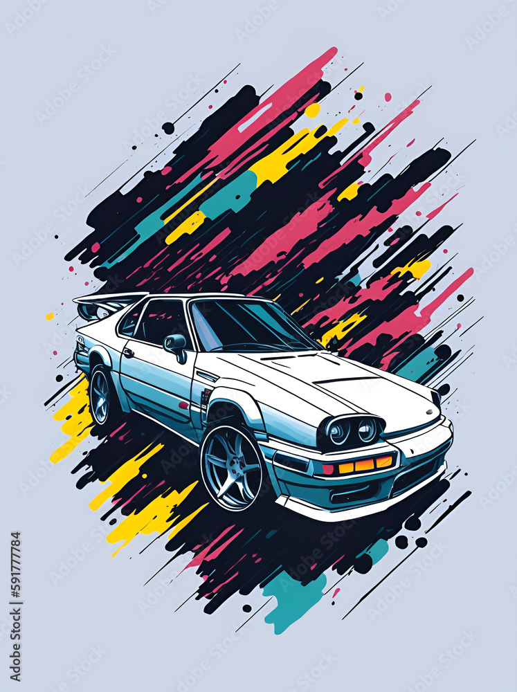 Naklejka premium Retro 80s sport car cartoon. AI generated illustration