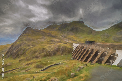 Digital painting of Stwlan Dam and the Moelwyn mountains. photo