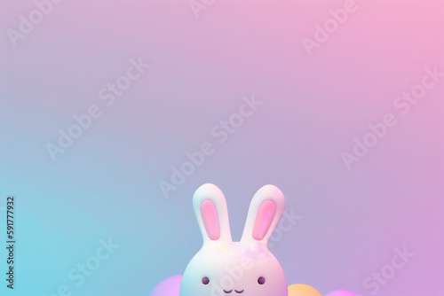 A cute Easter bunny is sitting with pink and orange Easter eggs on a minimalist pink and blue pastel-colored holographic background
