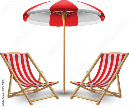 Two white and red striped sun lounger and beach umbrella. Highly realistic illustration.