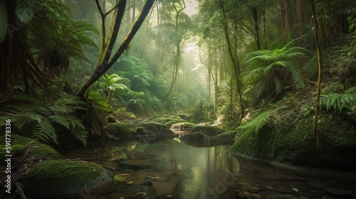 Mossy forest and stream in the rainforest , Generative AI