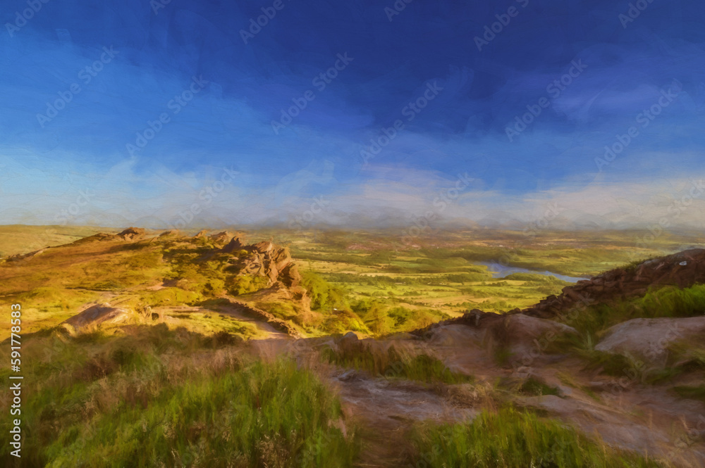 Digital painting of a panoramic view from The Roaches at sunset in the Peak District National Park.