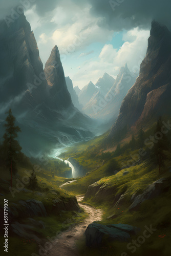 A path leads through the majestic mountains, Generative AI