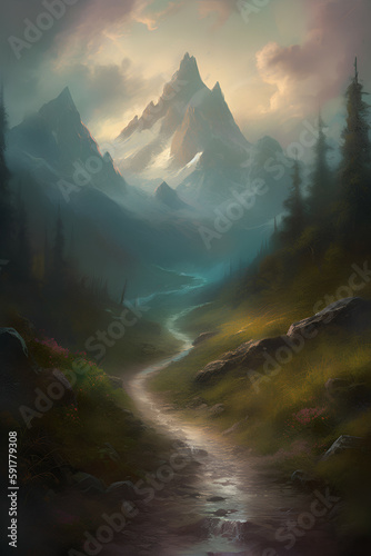 A path leads through the majestic mountains, Generative AI