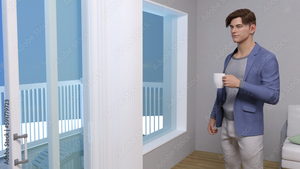Fototapeta premium 3d render : smiling man is holding a cup of coffee for drinking and look out to the window