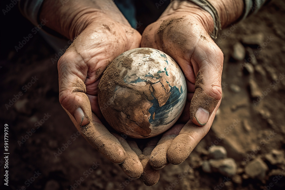 Creative eco concept. Hand palm holding the earth on dry soil