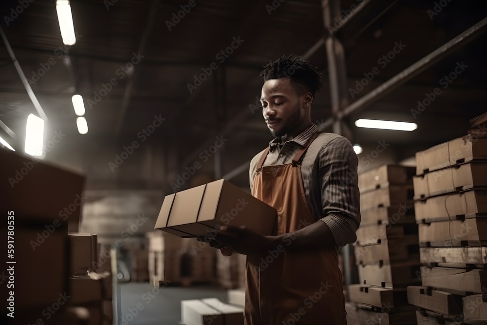 Worker In Warehouse Preparing Goods For Dispatch. Generative ai.