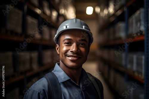 Portrait of a happy male employee at manufacturing industry with stacked of cardboard boxes. Warehouse worker. Storage background. Generative ai.