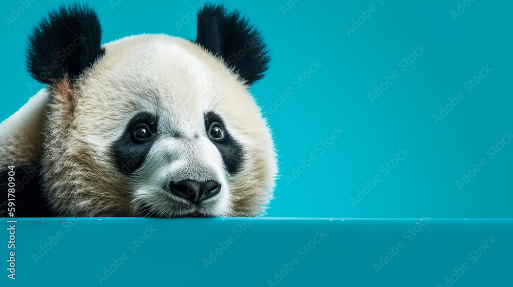 Portrait of a panda peeking out of a corner on a blue background. Space for copying. Generative AI Portrait of a panda peeking out of a corner on a blue background. Space for copying. Generative AI