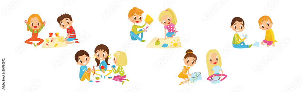 Kids Engaged in Handicraft Doing Handmade Creative Things Vector Set Kids Engaged in Handicraft Doing Handmade Creative Things Vector Set