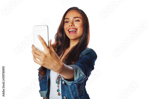 Happy woman, fashion and selfie on an isolated and transparent png background for social media, profile picture or video call. Model, influencer and photography in blogging photo