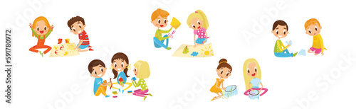 Kids Engaged in Handicraft Doing Handmade Creative Things Vector Set