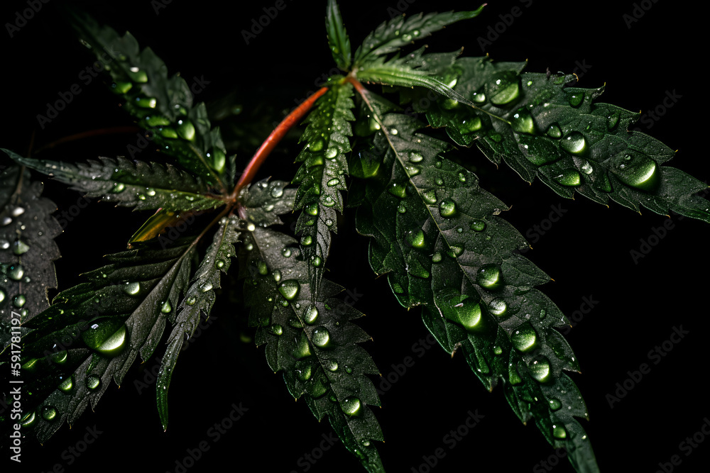 Cannabis leaves with water drops, Generative AI Cannabis leaves with water drops, Generative AI