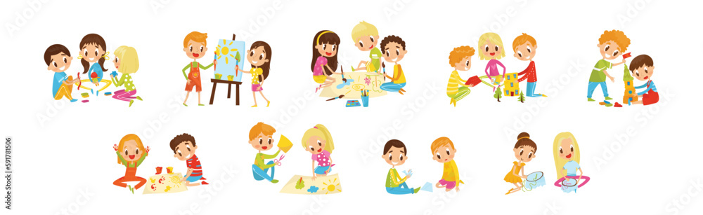 Kids Engaged in Handicraft Doing Handmade Creative Things Vector Set Kids Engaged in Handicraft Doing Handmade Creative Things Vector Set