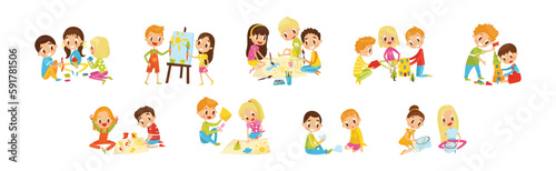 Kids Engaged in Handicraft Doing Handmade Creative Things Vector Set
