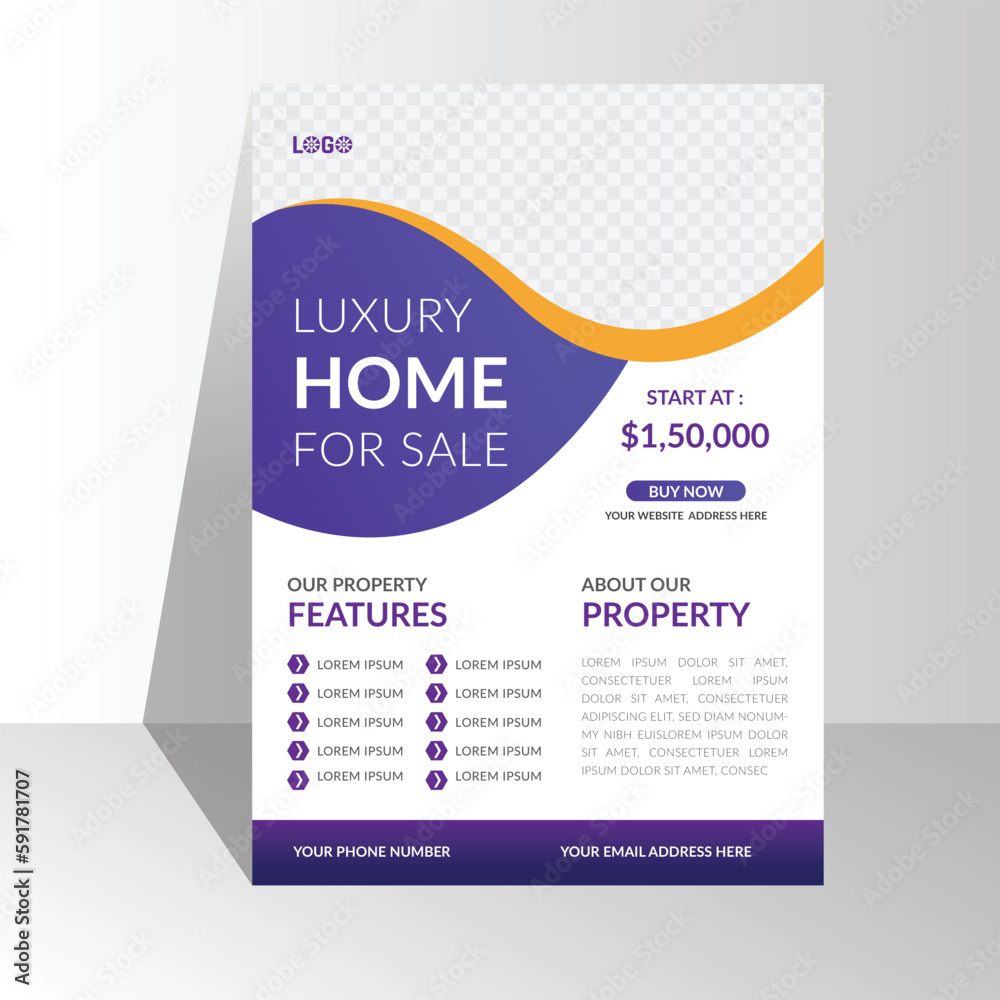 Real Estate Agency Flyer Template Design With Deep and light Purple Color. modern creative brochure for home a4 size half page. letter size