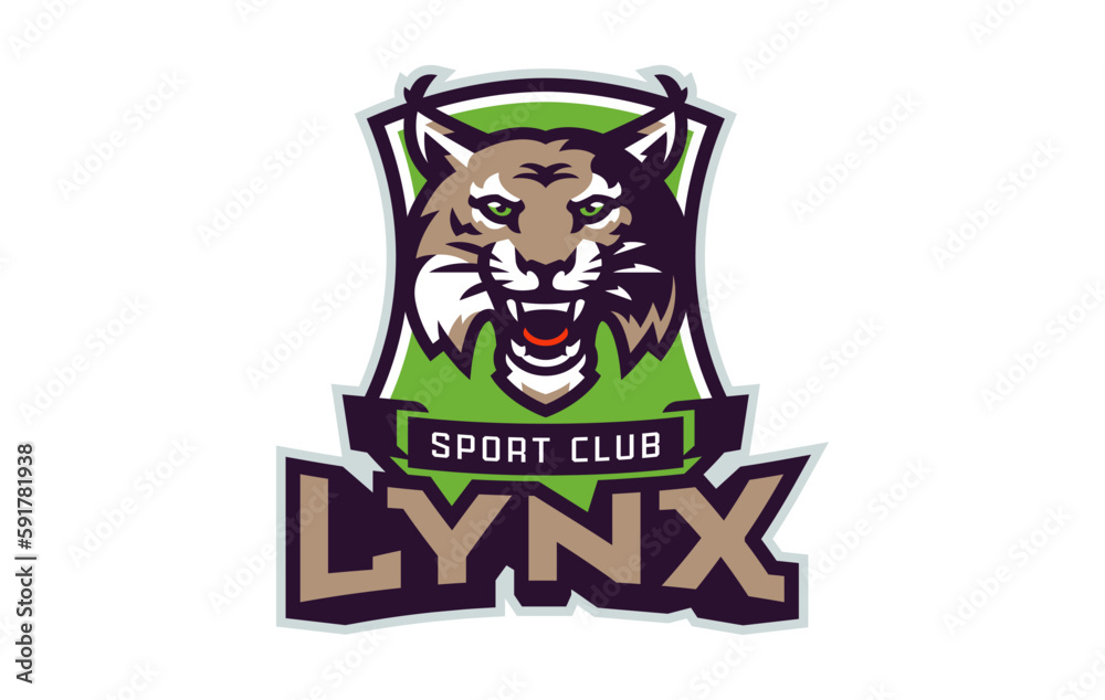 Sports logo with lynx mascot. Colorful sport emblem with lynx, bobcat mascot and bold font on shield background. Logo for esport team, athletic club, college team. Isolated vector illustration