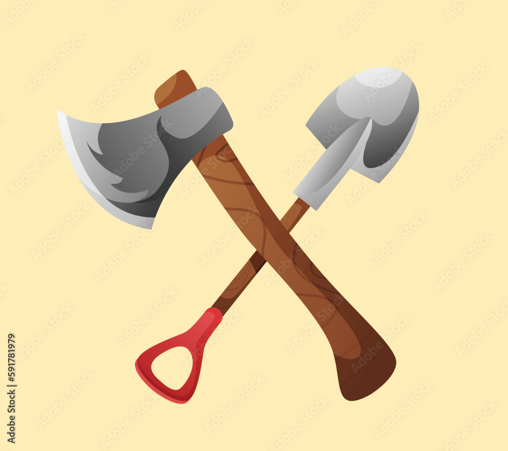 Shovel and Axe Camping Equipment vector illustration Shovel and Axe Camping Equipment vector illustration