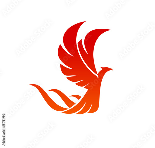 Phoenix bird with fire wings and tail. Vector fenix or phoenix fantasy firebird with flaming feathers and bright red flames isolated symbol of rebirth for tattoo or heraldic emblem
