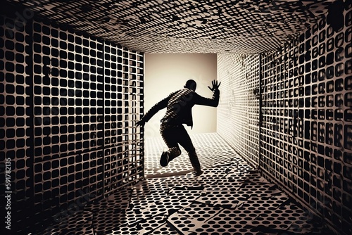 a human falling into a trap of inconceivable engenuity. artistic surrealism photography. generative AI photo