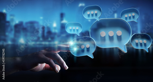 Man touching with his fingers digital speech bubbles talk icons. Minimal conversation or social media messages floating in front of businessman hand. 3D rendering