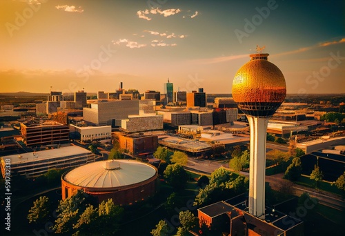Aerial panorama of Knoxville, Tennessee skyline on a late sunny afternoon, viewed from above Worlds Fair Park. Knoxville is the county seat of Knox County in the U.S. state of Tennessee. Generative AI