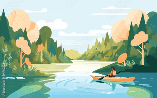Person kayaking in a peaceful river, surrounded by lush greenery and the sounds of nature. Flat vector summer watersport illustration concept. Gadget-free vacation. Generative AI © Malchevska Studio