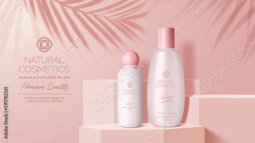 Cosmetics bottle on pink podium, vector 3d ad of beauty products for skin and hair care. Display platform, scene or pedestal with cream and shampoo bottles on background with palm leaves shadows