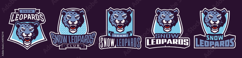 Set of sports logos with snow leopard mascots. Colorful collection sports emblem mascot and bold font on shield background. Logo for esport team, athletic club. Isolated vector illustration Set of sports logos with snow leopard mascots. Colorful collection sports emblem mascot and bold font on shield background. Logo for esport team, athletic club. Isolated vector illustration