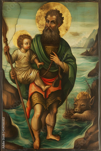 Saint Christopher, painting illustration. Generative Ai. St Christopher. photo