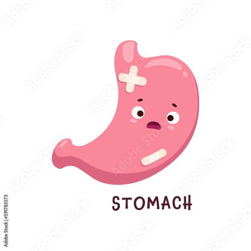 Stomach sick, body organ character injured or unhealthy, cartoon vector personage. Sick stomach with pain ache or disease, sad cartoon stomach with constipation, gastritis or indigestion and diarrhea photo