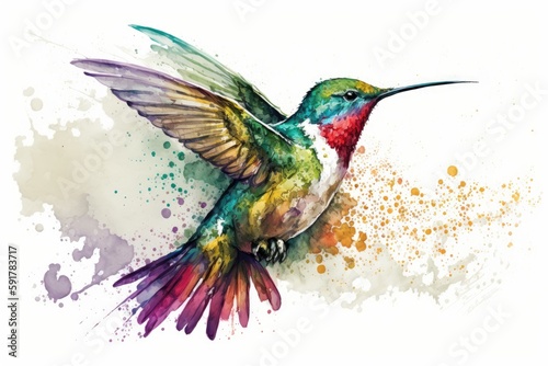  hummingbird in mid-flight, painted in watercolor. Generative AI