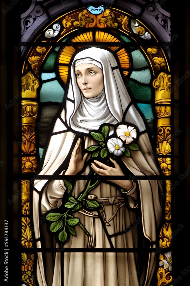 Fototapeta premium Saint Catherine of Siena, stained glass illustration. Generative Ai. St. Catherine is a famous catholic saint.