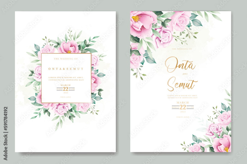 wedding invitation card with floral roses watercolor