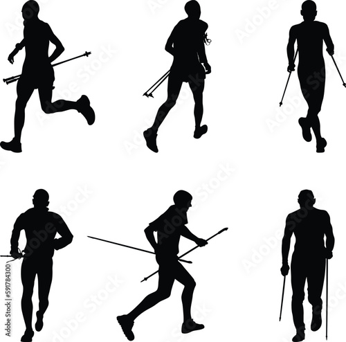 set athletes runner running skyrunning with trekking poles black silhouette