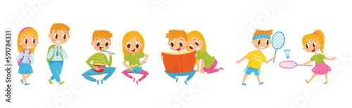 Little Boy and Girl Spending Time Together Vector Illustration Set
