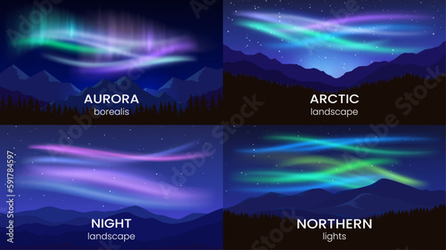 Aurora in the Arctic. Vector set of mountain landscapes. Minimalist flat style. Night starry sky. Design background, banner, website, postcard.