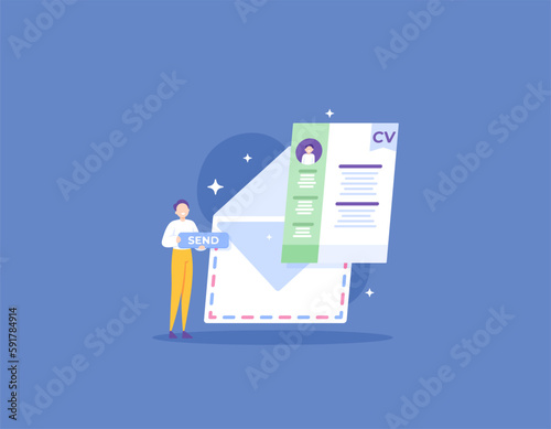 Send application letter or resume by email or by post. send a CV or Curriculum Vitae document to qualify for a job application. recruitment and candidate information. illustration concept design