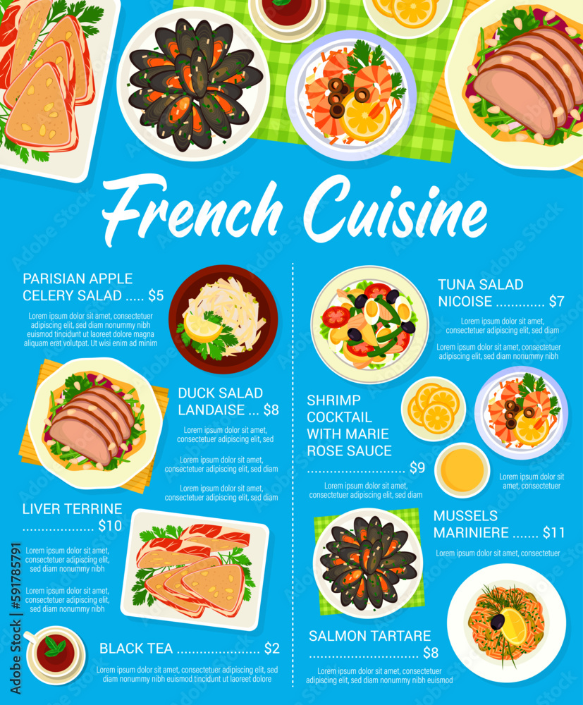 French cuisine menu, vector parisian apple celery salad, tuna salad nicoise and mussels mariniere. Duck salad landaise, salmon tartare, shrimp cocktail with marie rose sauce and liver terrine dishes French cuisine menu, vector parisian apple celery salad, tuna salad nicoise and mussels mariniere. Duck salad landaise, salmon tartare, shrimp cocktail with marie rose sauce and liver terrine dishes
