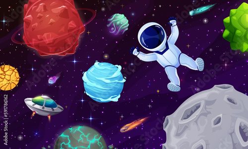 Cartoon astronaut character in outer space and planets in galaxy, vector background. Spaceman on spaceflight in starry sky with galaxy stars and alien UFO, kids fantasy space with comets and asteroids