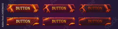 Lava game buttons animation set. Vector cartoon illustration of stone frames with orange cracks. Menu, settings, play, login, click action. Animation sprite sheet, push effect. Web ui design element