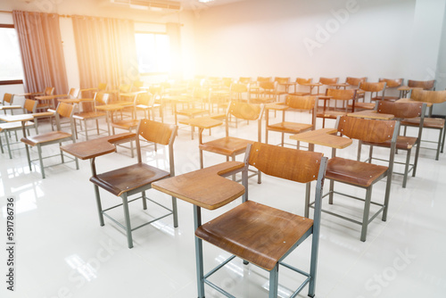 Empty modern classroom of a university without students and teachers. Education stock photo