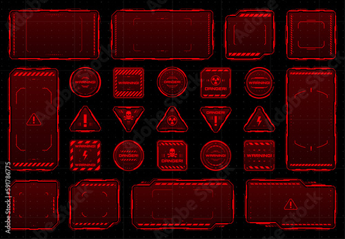 HUD danger and warning red interface frames, vector alert message boxes. HUD red frames and borders for warning attention, danger zone or damage error and attack for cyber UI virtual screen